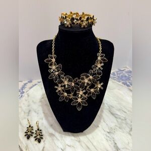 Anne Klein Gold tone and Black Floral Jewelry Set earrings, bracelet, necklace